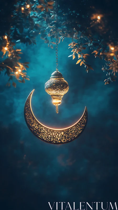 Golden crescent lantern glows softly in a dreamy night sky