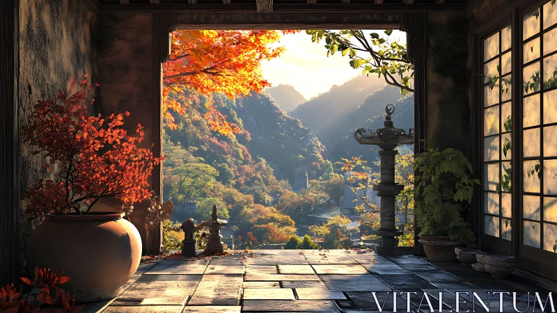 Sunlit mountain veranda wrapped in gentle autumn colors.