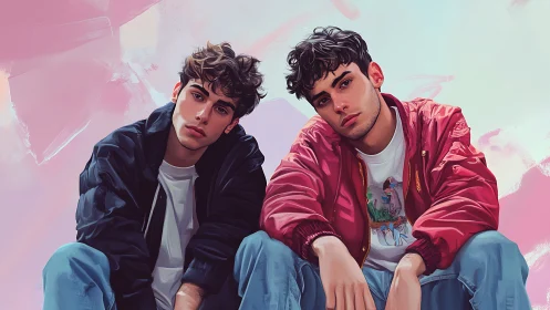 Twin moods in pastel streetwear against dreamy skies.