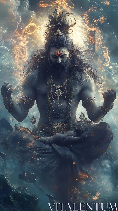 Storm-crowned ascetic meditates in a ring of cosmic fire.