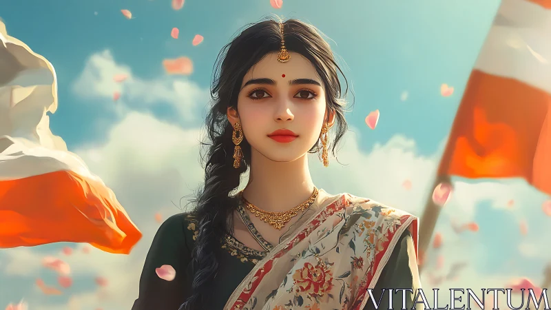 Elegant Indian Woman in Traditional Dress with Flags, Digital Art.