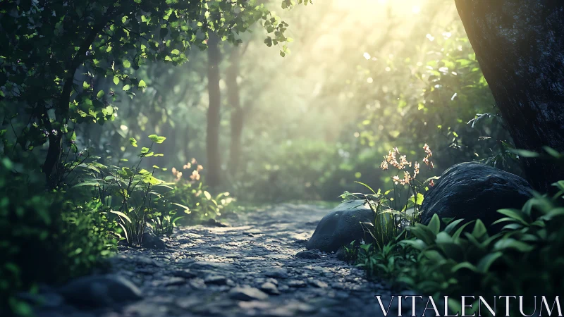 Forest path bathed in golden sunlight through dense canopy.