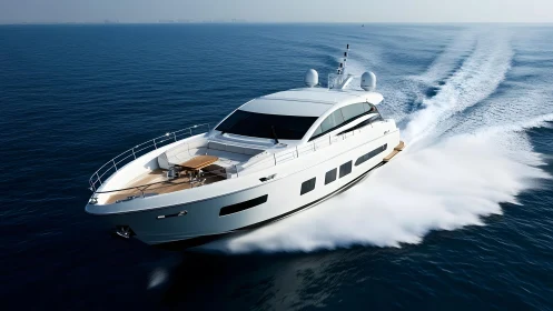 Modern luxury yacht speeding on open sea, sleek contemporary style.