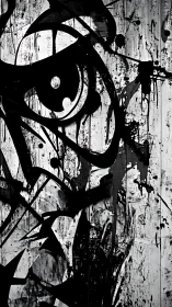Monochrome abstract graffiti forms overlay weathered panels