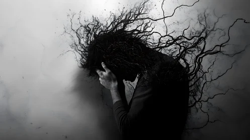 Silhouetted figure with branching dark forms emerging outward.