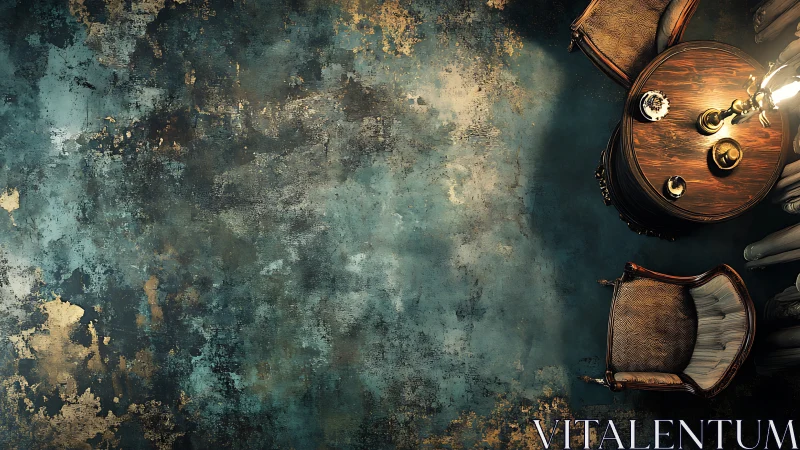 Vintage cafe table and chairs on weathered teal wall background.