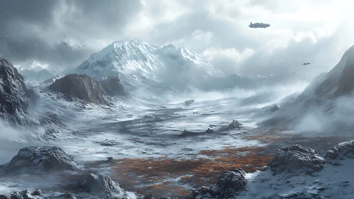 Futuristic dropships over vast glacial valley under storm light.