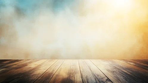 Sunlit wooden tabletop against soft warm gradient background