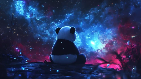 Panda silhouette sits before luminous nebula-like sky field