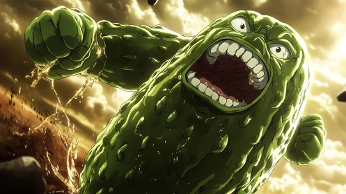 Giant mutant pickle monster charges across burning wasteland.