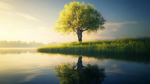 Solitary lakeside tree glows softly in golden morning light