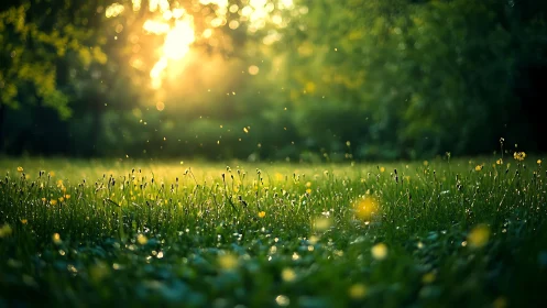 Golden morning sunlight dances gently across a dewy meadow