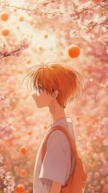 Side-profile anime boy amid warm bokeh blossoms and floating spheres