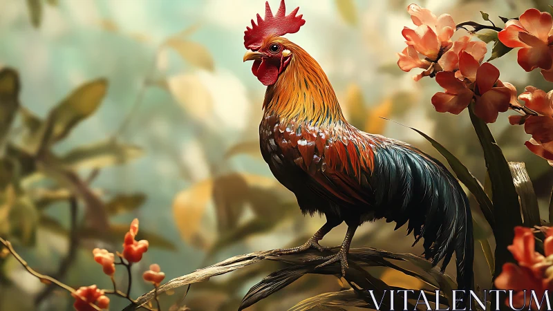 Red Rooster Perched on Branch Among Coral Blossoms.