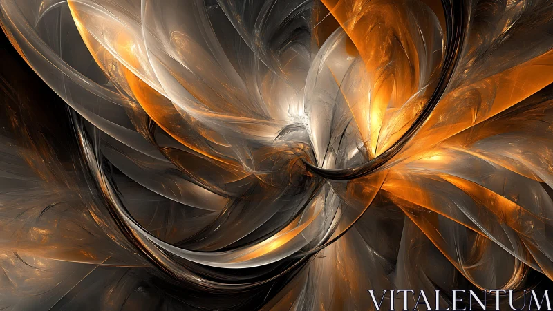 Dynamic Abstract Fractal Art with Fiery Orange and Silver Tones.