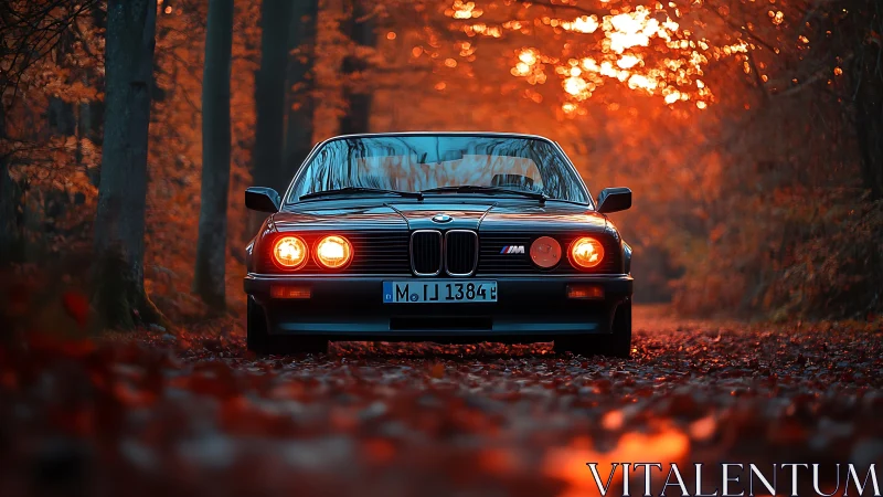 Midnight-blue classic BMW glides through ember-bright forest