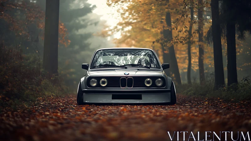 Lowered classic sedan is parked on a leaf-covered forest track