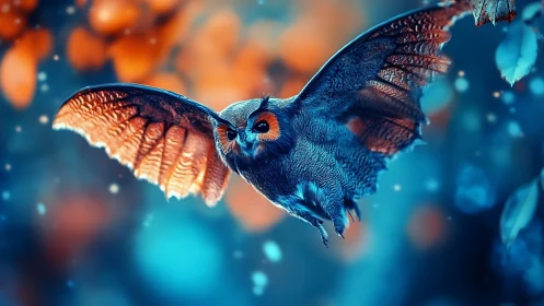 Bioluminescent owl in neon blue forest flight scene.