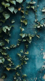 Climbing ivy tendrils on weathered teal stucco wall surface.
