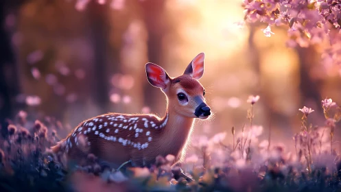 Gentle fawn rests peacefully in a glowing spring meadow