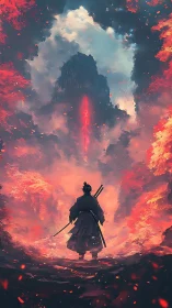 Digital painting of lone samurai before flaming storm portal.