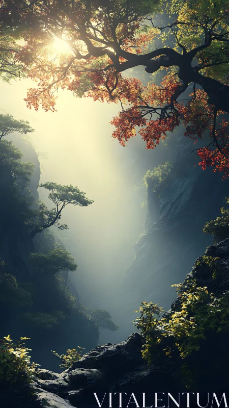 Golden morning light gently pours into a quiet forest gorge