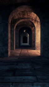 Moody stone corridor recedes through lit archways into darkness