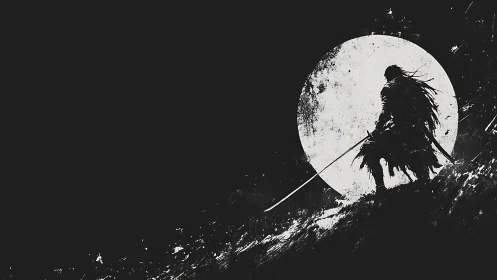 Lone warrior holds a poised blade against the vast moonlit night