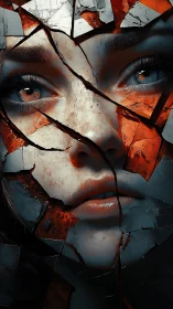 Fragmented female face with cracked surface structure.