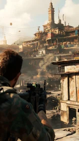 Armed soldier surveys war‑torn hillside city under rising smoke