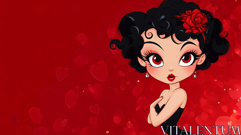 Stylized pinup character rendered with bold cel shading on red field