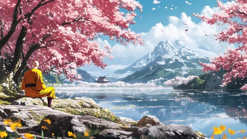 Quiet monk enjoys cherry blossoms by a shining mountain lake