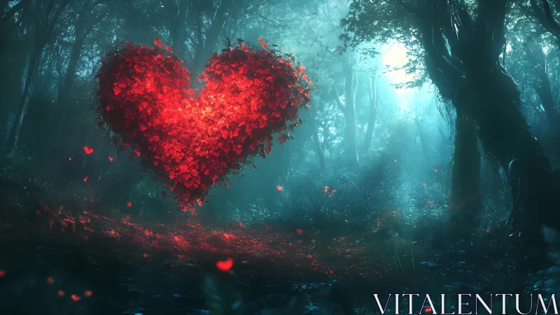 Luminous Heart Suspended in Mystical Forest Atmosphere