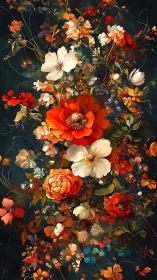 Botanical Symphony. Red and white blooms cascade dark teal backdrop.