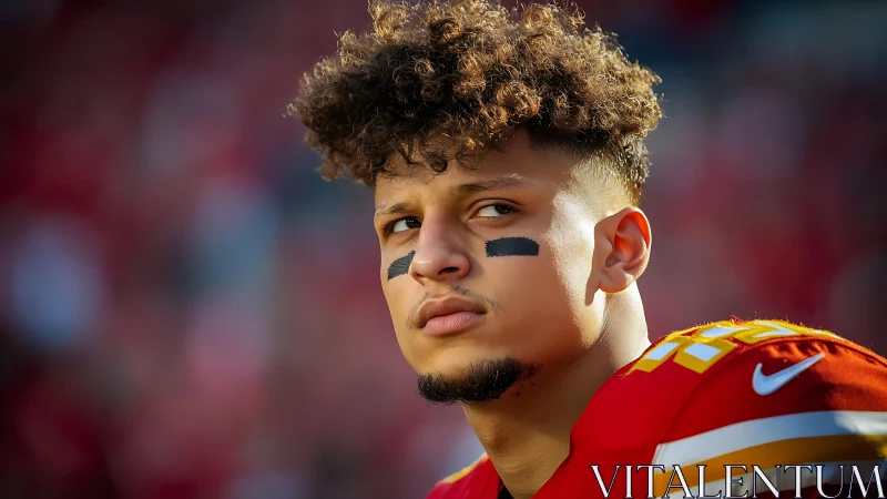 Side profile of football player in red uniform on field.