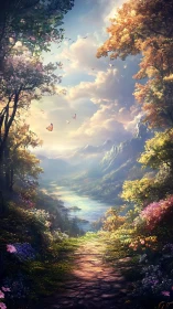 Sunlit forest path drifting toward a tranquil dream horizon.