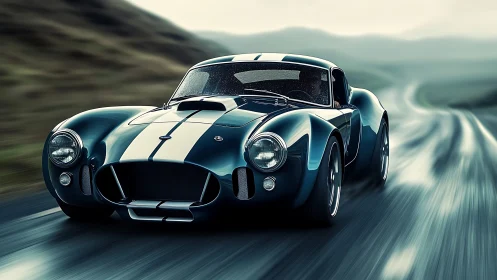 Blue classic sports car racing along blurred country road.