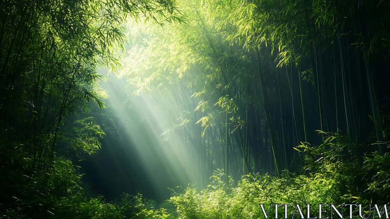 Volumetric sunlight penetrating dense bamboo forest canopy