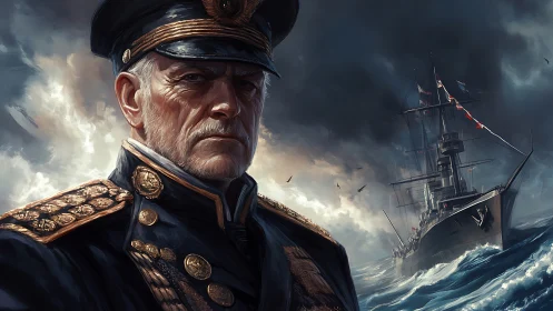 Naval admiral stands before warship under storm clouds