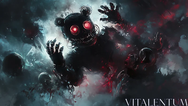 Mechanical bear entity in smoke with red illuminated eyes.
