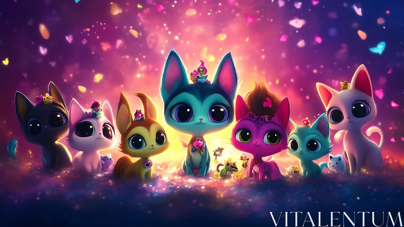 Stylized digital cats arranged in composition with luminous particles