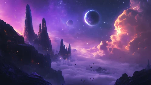 Nebula tides cradle spire-lit cliffs beneath twin moons