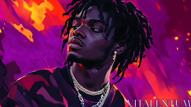 Neon ember prince in chains against a violet firestorm.