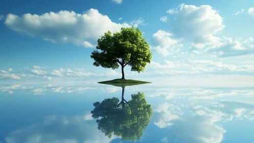 Lone green tree on small island reflected in serene water, surreal style.