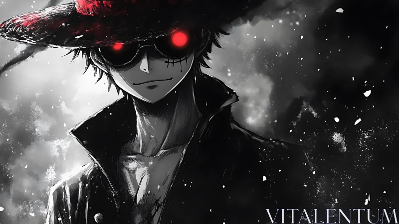 Dark anime figure in hat with glowing red eyes stands calm.