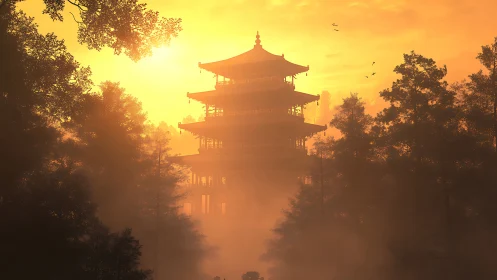 Multi-tiered pagoda stands in dense forest sunrise haze