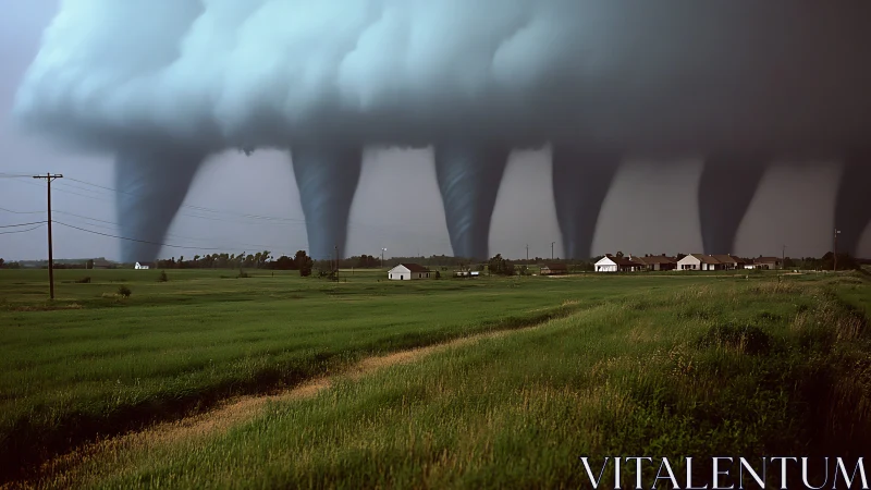 Multiple tornado funnels over rural plains landscape scene.