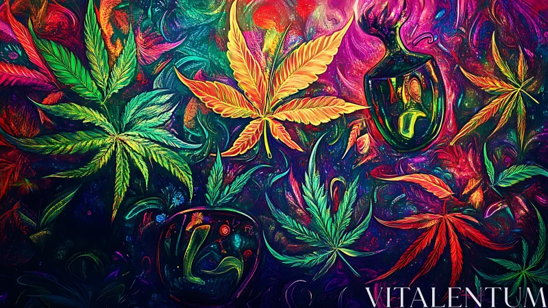 Digital composition displays stylized cannabis leaves and glass forms