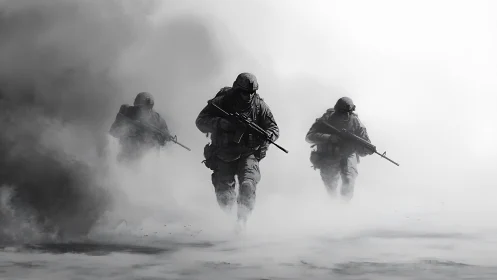Armed soldiers advance forward through dense battlefield smoke.