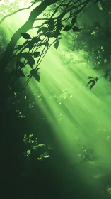 Emerald forest lightbeams pouring through quiet green air.